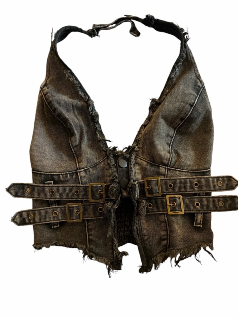 Frayed Denim Halter Top Buckle Backless Punk Hippie Jean Crop